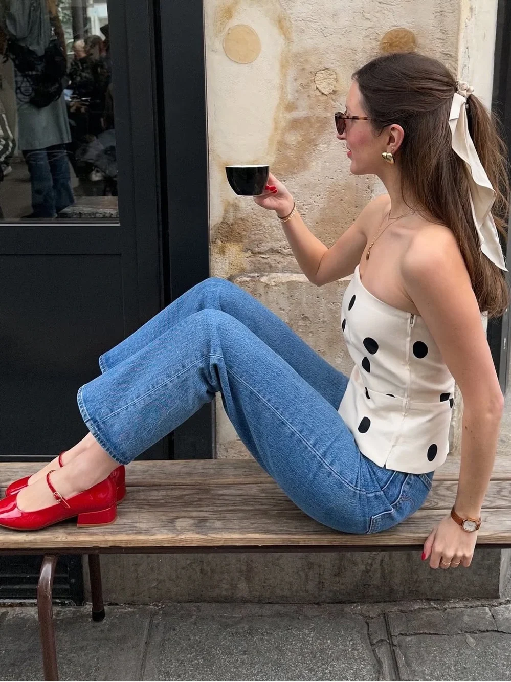 SEZANE EDITIONS Ecru Cream & Black Polka Dot Printed Linen Strapless Peplum Top - Picture 12 of 17